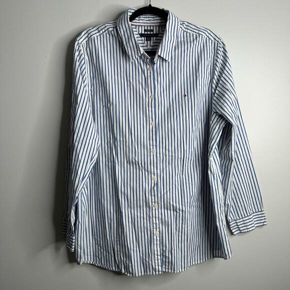 Tommy Hilfiger cotton blue + white vertical stripe relaxed fit button up shirt - Picture 1 of 7